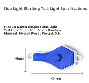 Detailed specs of the compact 25mm x 49mm blue light testing lamp with metal and plastic build