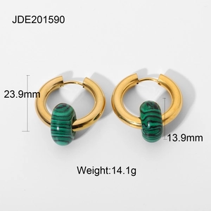 Detail view of 18K gold earrings with green malachite stone pendants and measurements