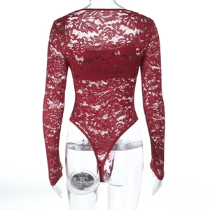 Detailed back view of red floral lace bodysuit with long sleeves and sheer mesh texture