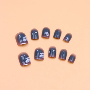 Navy blue gradient press-on nails with white clouds and airplane silhouette art
