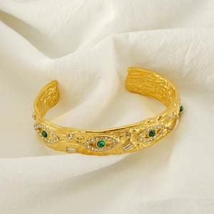 Retro Evil Eye Open Bangle Stainless Steel 18K Gold Plated Hammered Texture Cuff Bracelet With Zircon For Women