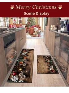 Kitchen runner set with wood pattern and festive Christmas decorations on the floor