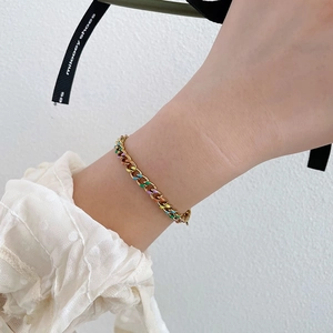 Detail of colorful rainbow enamel links on a gold titanium steel chain bracelet