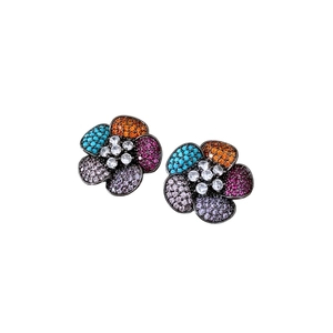 Vintage style floral stud earrings with colorful zircon stones on black plated metal