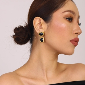 Elegant 18k gold stainless steel earrings with double black rectangle geometric drops