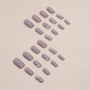 Mauve square-round press-on nails with white heart and silver wave patterns, 24 pieces