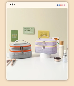 Detail of double-layer mesh toiletry bags with breathable fabric and top handle