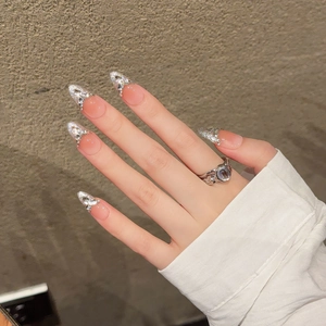 Handmade stiletto press-on nails with pink blush gradient and silver zircon rhinestone accents