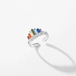 Minimalist S925 sterling silver rainbow crown ring with adjustable open band and colorful gems