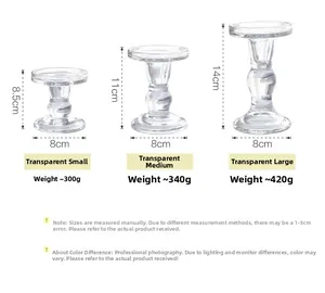 Size chart showing dimensions for small, medium, and large glass roman pillar candle holders