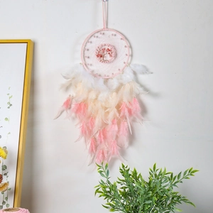 Pink and white gradient dreamcatcher with tree design and natural feathers wall decor