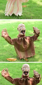 Three-panel view of a realistic crawling zombie lawn prop for Halloween yard decoration