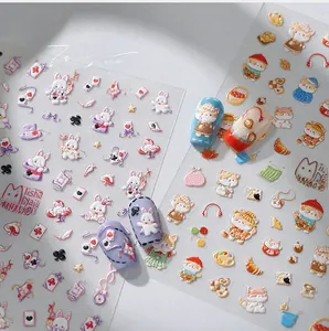 5D embossed nail art stickers featuring Alice rabbit and autumn cat motifs with UV relief