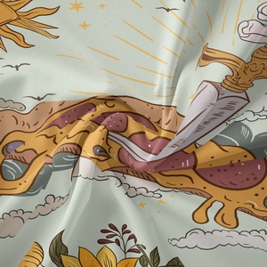 Macro view of bohemian tapestry fabric texture featuring sun and pizza tattoo art