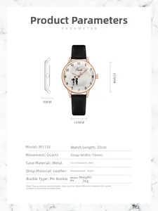 Tableau des tailles détaillé et spécifications de la montre à quartz avec bracelet cuir