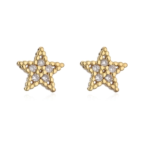 Star-shaped 18K gold earrings with micro-inlaid zircons and beaded edges on white background