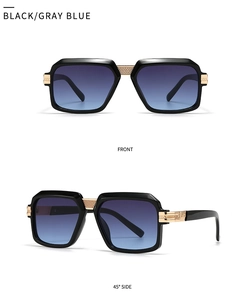 Front and side view of large square black sunglasses with blue-purple gradient lenses