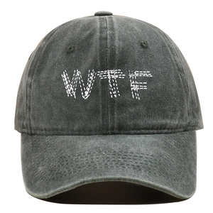 Detail of vintage washed dark gray cotton baseball cap with white WTF embroidery