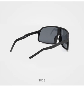 Detail view of the ergonomic curved frame and textured temple design of sports sunglasses