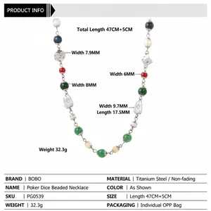 Titanium steel dice and poker beaded necklace with colorful pearls and charms, 47cm length