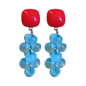 Vibrant red square earrings with blue resin bead grape tassels and silver needle posts