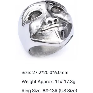 Vintage stainless steel skull ring with clown face relief design for men US size 8-13