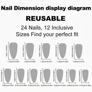 Size chart for glitter cat eye press-on nails featuring 12 sizes and 24 reusable pieces