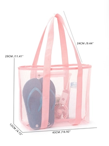 Pink large mesh beach tote bag showing dimensions for travel and swimming storage