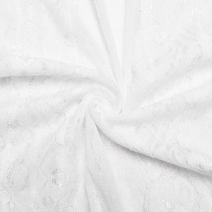 Close-up of white floral lace fabric texture showing intricate patterns and soft drape