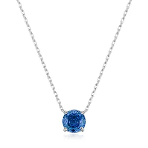 Round Blue Zircon Pendant Necklace 925 Sterling Silver Sparkling Elegant Jewelry For Women Gift