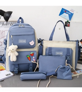 Detailed view of 5-piece nylon school bag set in blue and white with bear pendant