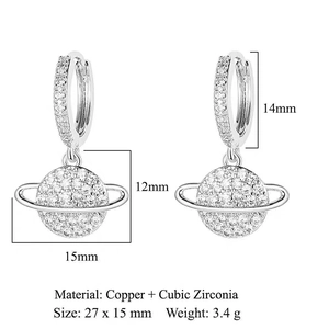 Detail view of Saturn-shaped earrings in silver copper with cubic zirconia dimensions