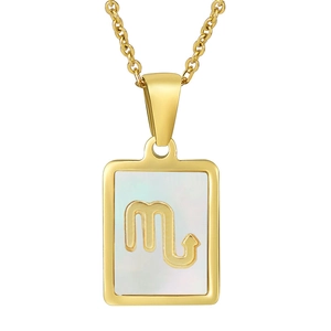 Macro view of Scorpio pendant with white mother of pearl and 18K gold plated steel
