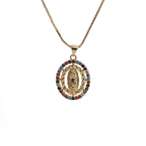 Gold-plated Virgin Mary oval pendant necklace with colorful cubic zirconia halo