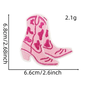 Detailed view of pink cow print cowboy boot embroidery patches with size measurements