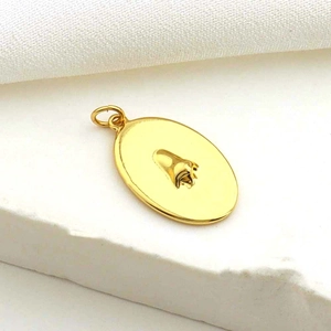 Macro shot of gold oval pendant with embossed dog head on a white stone background