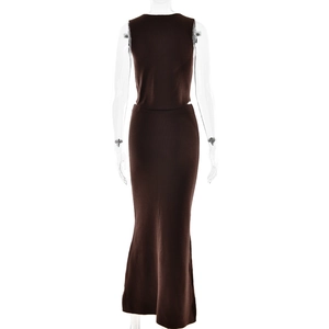 Detail showing high-quality dark brown knit texture and slim fit design of the two-piece set