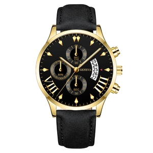 Fashion business men's watch with black leather strap, golden case and calendar dial
