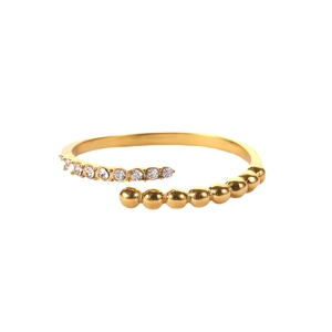 18K gold plated stainless steel open ring with sparkling crystal line and gold bead design