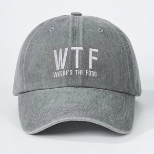 Close-up of gray washed denim baseball cap with white WTF embroidery text detail