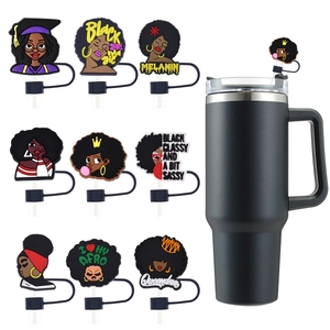 Cartoon Black Girl Afro Silicone Straw Cover Cap Dustproof Decorative PVC Drinking Accessory Fits Large Diameter Straws