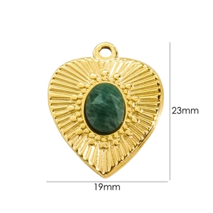 Gold stainless steel heart pendant with green gemstone inlay, measuring 23mm by 19mm