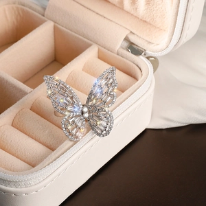 Luxury silver butterfly open ring with sparkling zircon in a beige jewelry box