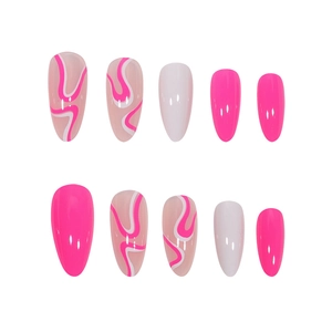 Pink and white wave pattern almond press-on nails set with glossy finish 10pcs