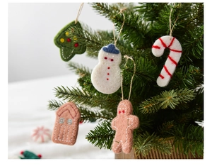 Detail of five-piece wool felt Christmas ornaments including snowman and gingerbread man