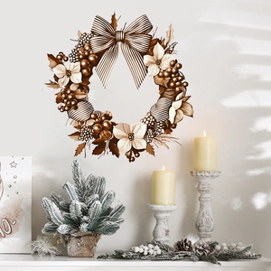 Christmas wreath wall sticker featuring brown striped bows and cream floral decorations