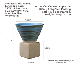 Size chart for ceramic funnel coffee cup set with dimensions and 200ml capacity info