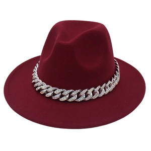 Fashionable burgundy wide brim fedora hat with sparkling acrylic diamond chain