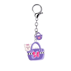 Cute purple handbag keychain with white puppy and pink bow on white background