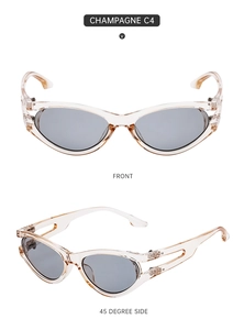 Detail view of champagne oval sunglasses with gray lenses in front and side perspectives